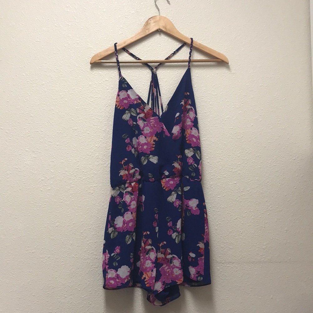 Short Blue With Flowers Jumpsuit